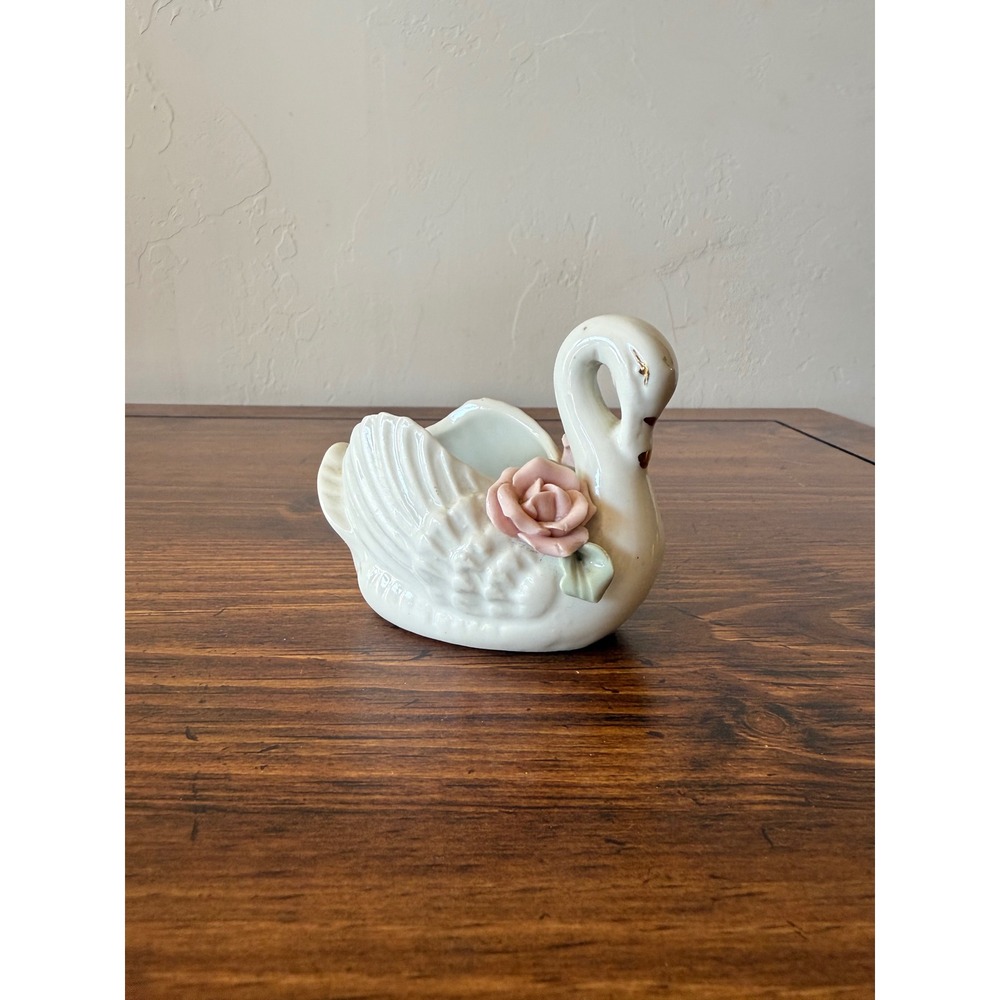 Vintage White Ceramic Swan Planter Trinket Dish Pink Applied Roses Gold Trim
